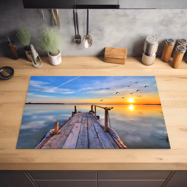 Water - Steiger - Vogels - Zonsondergang - Horizon Inductie beschermer vinyl 3mm klein -sfeer5