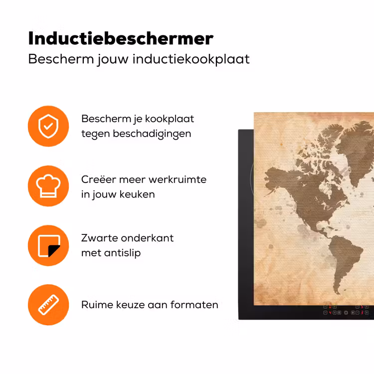 Wereldkaart - Beige - Bruin Inductie beschermer vinyl 3mm klein -zzzzzzz-td-ups