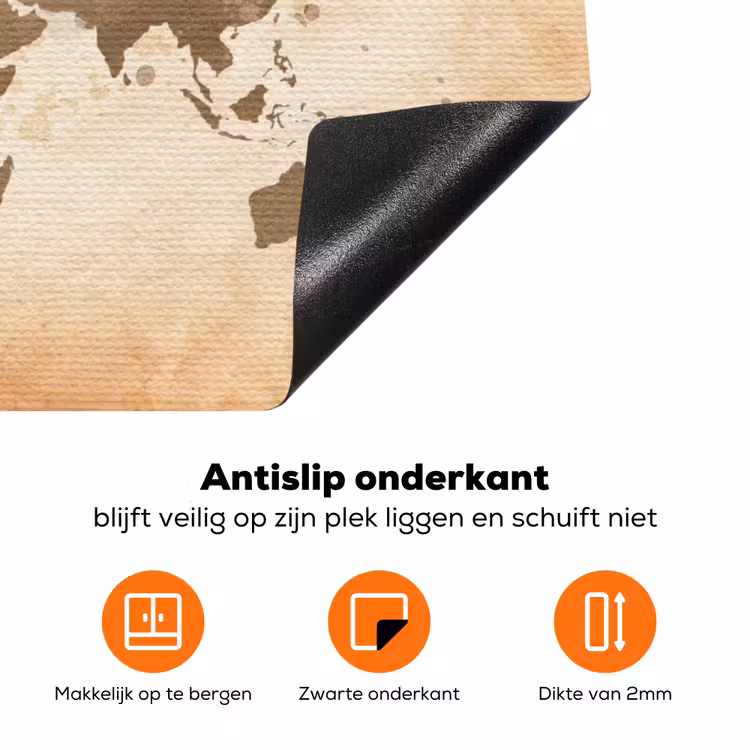 Wereldkaart - Beige - Bruin Inductie beschermer vinyl 3mm klein -zzzzzzz-td-onderkant