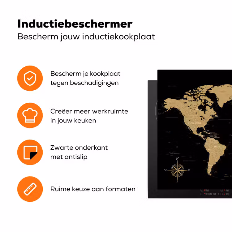 Wereldkaart - Beige - Zwart Inductie beschermer vinyl 3mm klein -zzzzzzz-td-ups