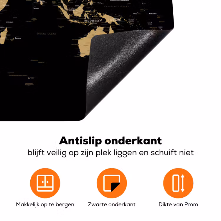 Wereldkaart - Beige - Zwart Inductie beschermer vinyl 3mm klein -zzzzzzz-td-onderkant