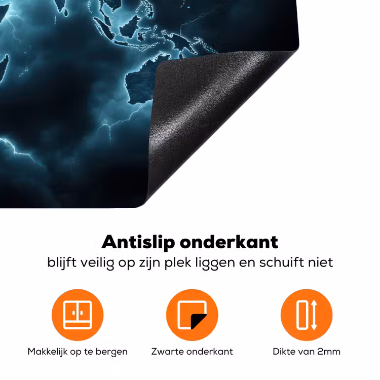Wereldkaart - Bliksem - Blauw Inductie beschermer vinyl 3mm klein -zzzzzzz-td-onderkant