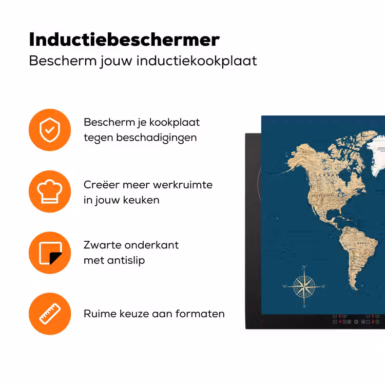 Wereldkaart - Donkerblauw - Beige Inductie beschermer vinyl 3mm klein -zzzzzzz-td-ups