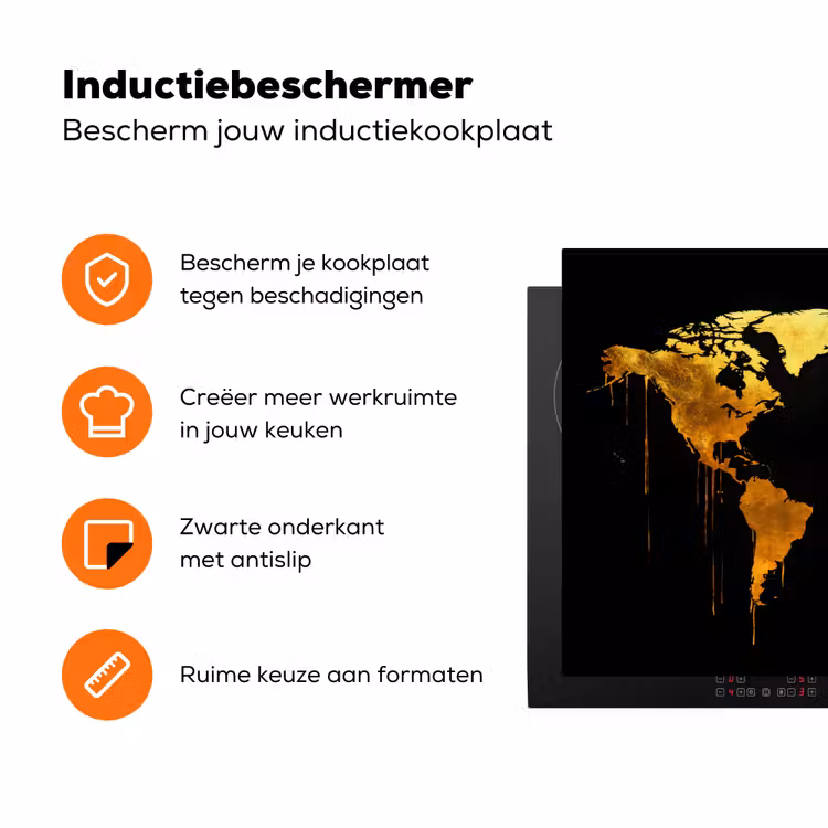 Wereldkaart - Goud - Druipen - Zwart Inductie beschermer vinyl 3mm klein -zzzzzzz-td-ups