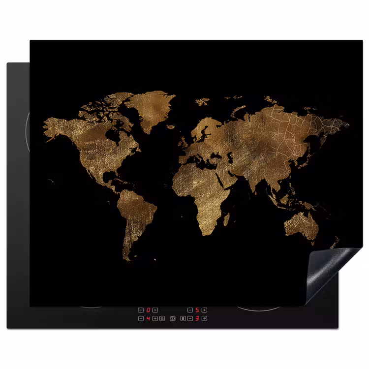 Wereldkaart - Goud - Luxe - Aarde - Zwart Inductie beschermer vinyl 3mm groot -3d