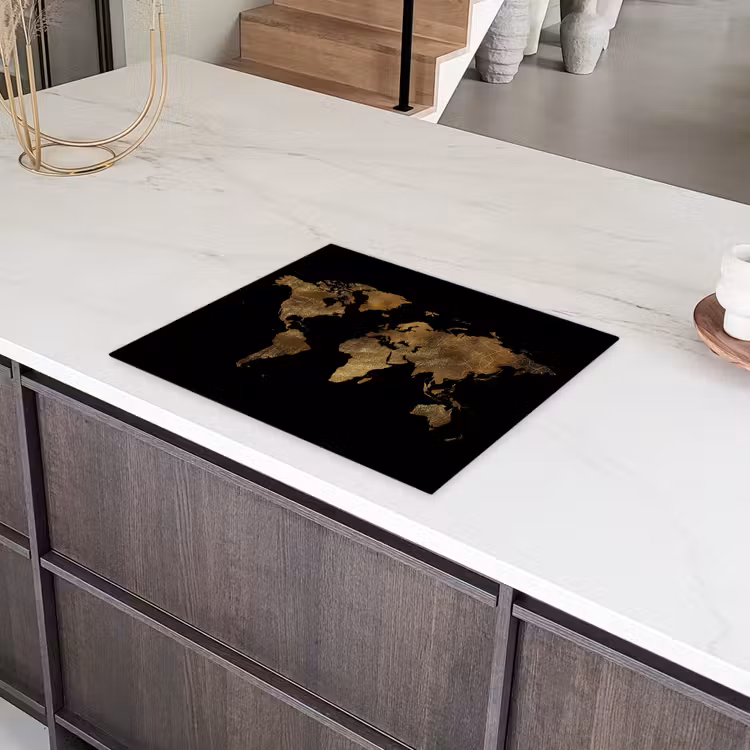 Wereldkaart - Goud - Luxe - Aarde - Zwart Inductie beschermer vinyl 3mm groot -sfeer8