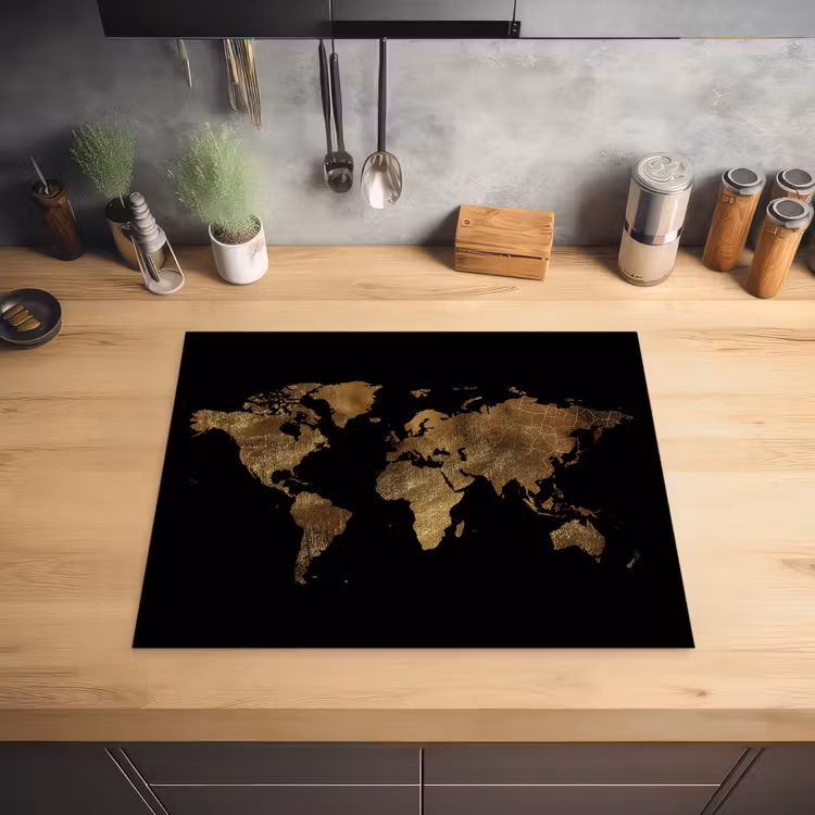 Wereldkaart - Goud - Luxe - Aarde - Zwart Inductie beschermer vinyl 3mm groot -sfeer5