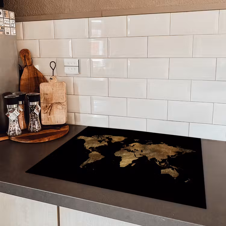 Wereldkaart - Goud - Luxe - Aarde - Zwart Inductie beschermer vinyl 3mm groot -sfeer3