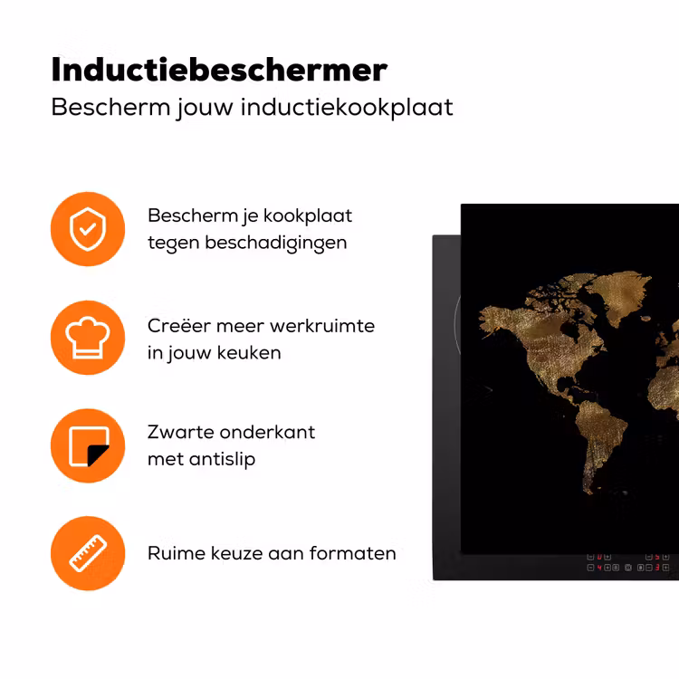 Wereldkaart - Goud - Luxe - Aarde - Zwart Inductie beschermer vinyl 3mm groot -zzzzzzz-td-ups