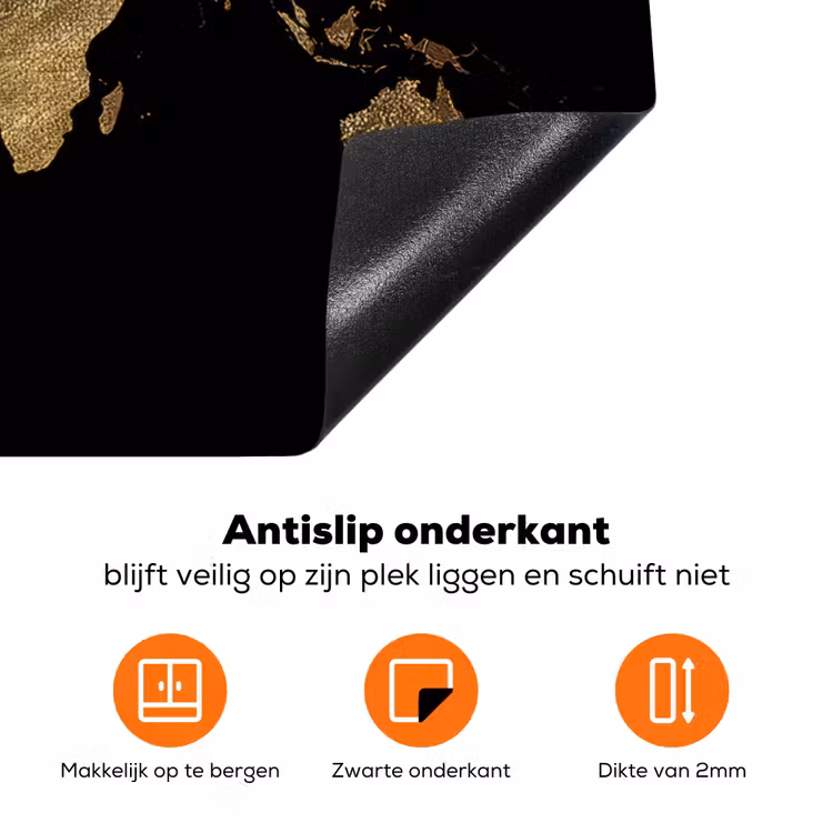 Wereldkaart - Goud - Luxe - Aarde - Zwart Inductie beschermer vinyl 3mm groot -zzzzzzz-td-onderkant