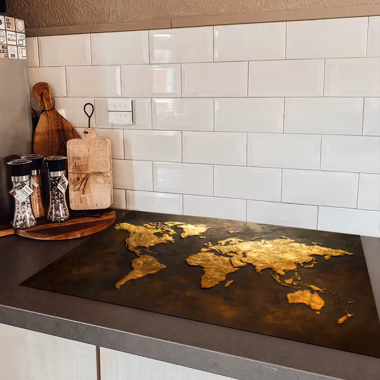 Wereldkaart - Goud - Roest Inductie beschermer vinyl 3mm klein -sfeer3