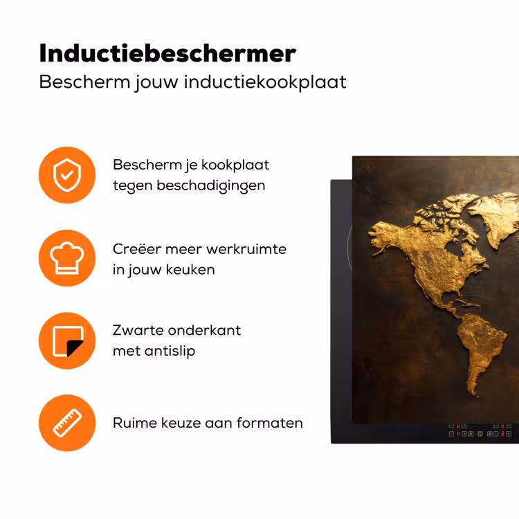Wereldkaart - Goud - Roest Inductie beschermer vinyl 3mm klein -zzzzzzz-td-ups