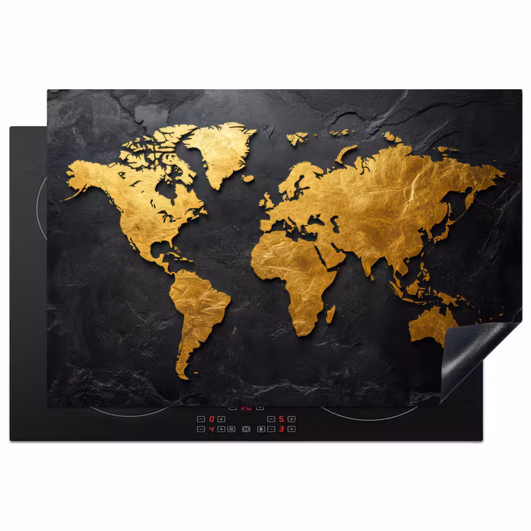 Wereldkaart - Goud - Steen Inductie beschermer vinyl 3mm klein -3d
