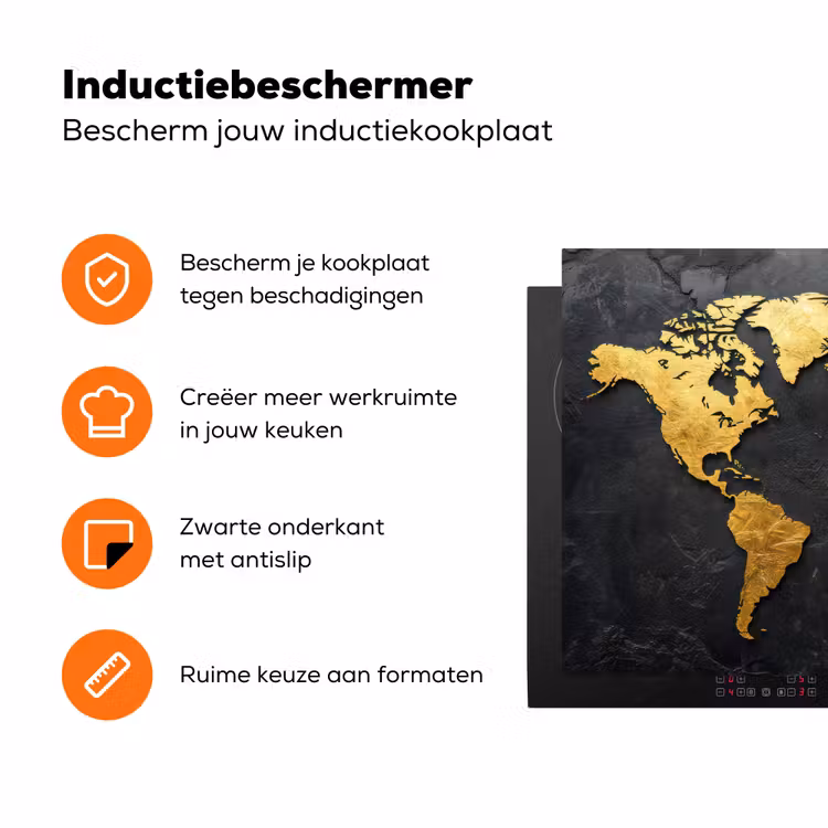 Wereldkaart - Goud - Steen Inductie beschermer vinyl 3mm klein -zzzzzzz-td-ups