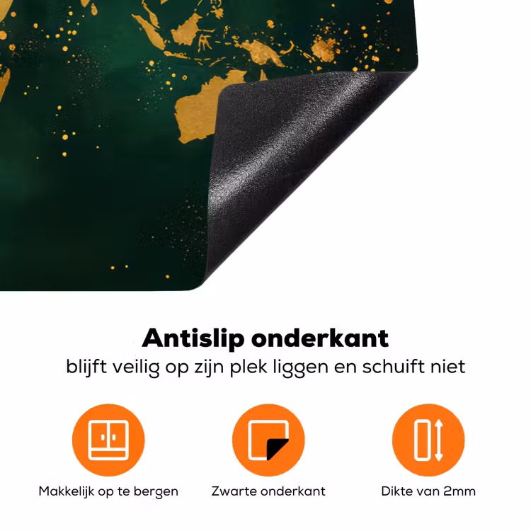 Wereldkaart - Groen - Goud Inductie beschermer vinyl 3mm klein -zzzzzzz-td-onderkant