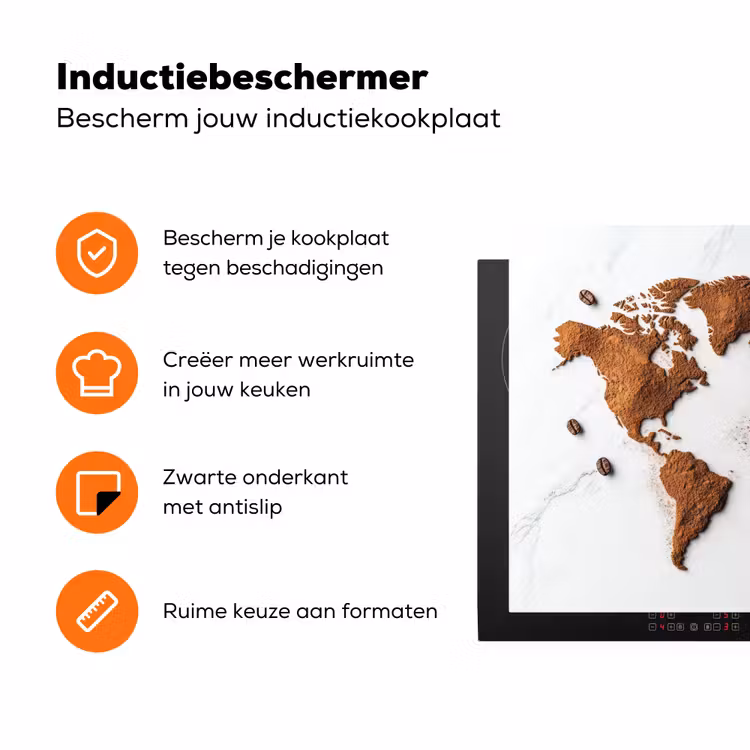 Wereldkaart - Koffie - Marmer Inductie beschermer vinyl 3mm klein -zzzzzzz-td-ups