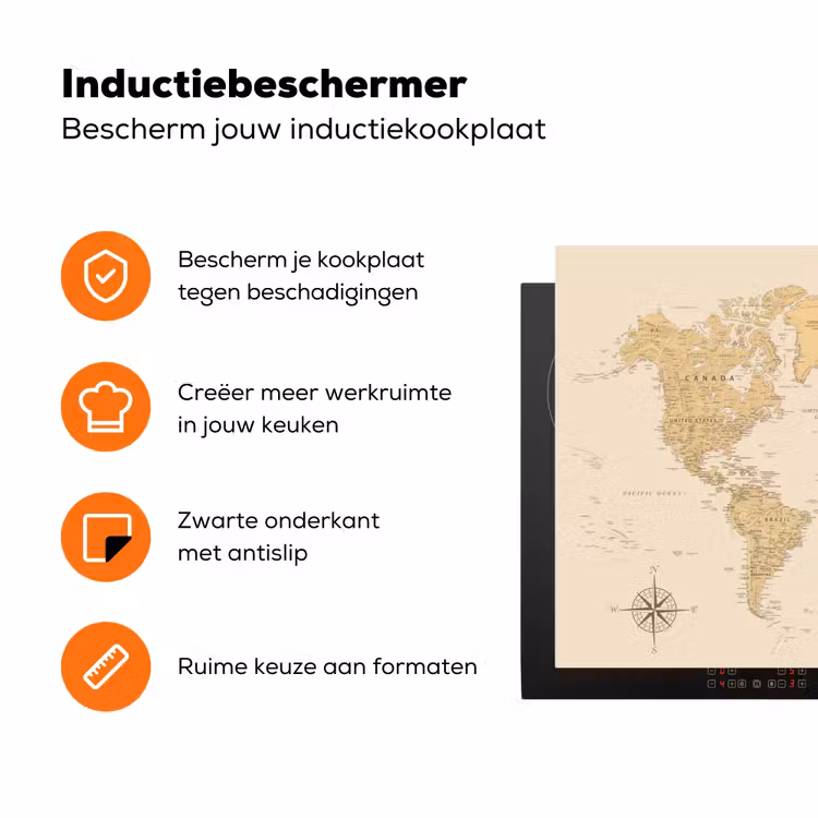 Wereldkaart - Realistisch - Beige Inductie beschermer vinyl 3mm klein -zzzzzzz-td-ups