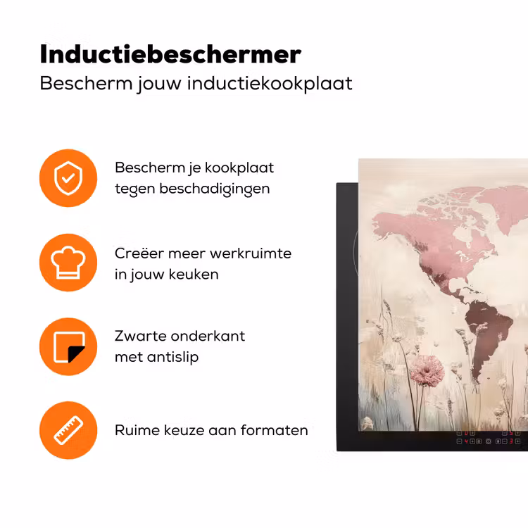 Wereldkaart - Roze - Bloemen Inductie beschermer vinyl 3mm klein -zzzzzzz-td-ups
