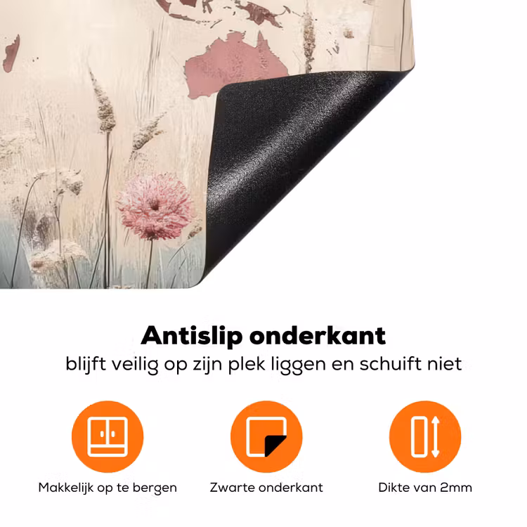 Wereldkaart - Roze - Bloemen Inductie beschermer vinyl 3mm klein -zzzzzzz-td-onderkant