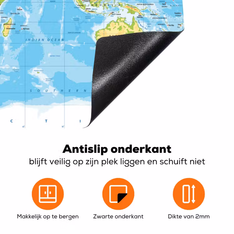 Wereldkaart - Staatkundig - Blauw - Aarde - Educatief Inductie beschermer vinyl 3mm klein -zzzzzzz-td-onderkant