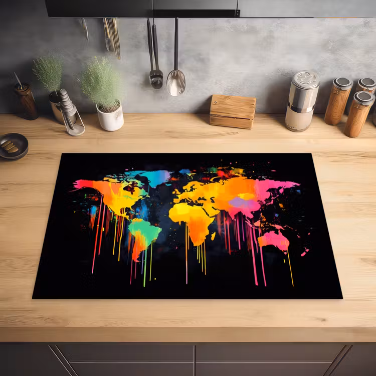 Wereldkaart - Verf - Kleurrijk - Graffiti - Wereld Inductie beschermer vinyl 3mm klein -sfeer5