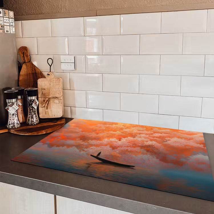 Zee - Boot - Wolken - Oranje Inductie beschermer vinyl 3mm klein -sfeer3