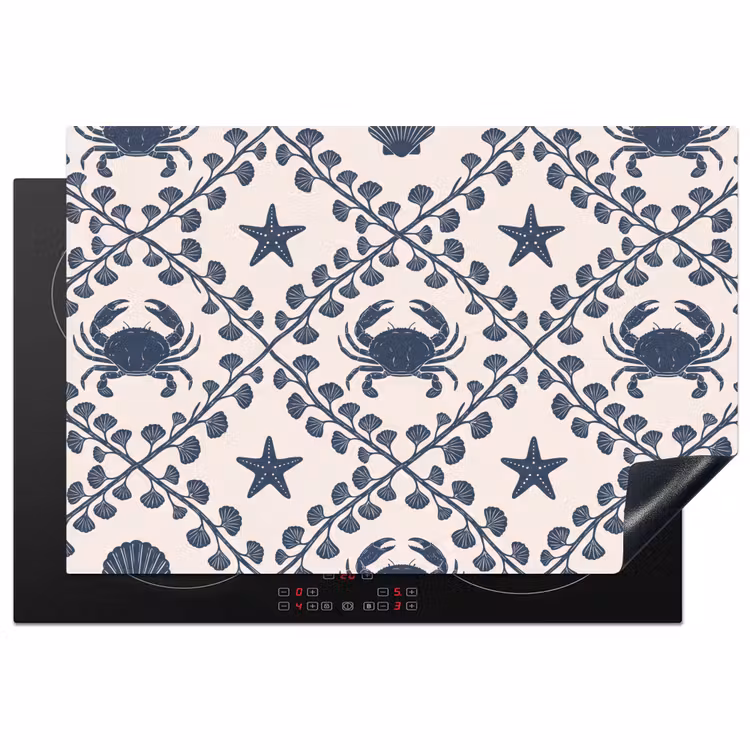 Zee - Krab - Zeester - Patroon - Blauw Inductie beschermer vinyl 3mm klein -3d