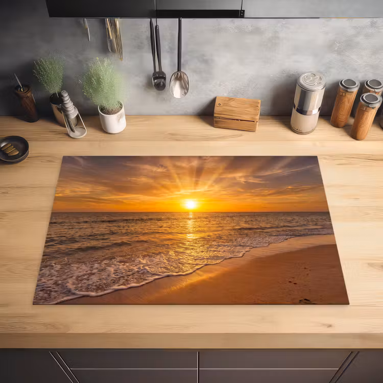 Zee - Zonsondergang - Golven - Kust - Oranje Inductie beschermer vinyl 3mm klein -sfeer5