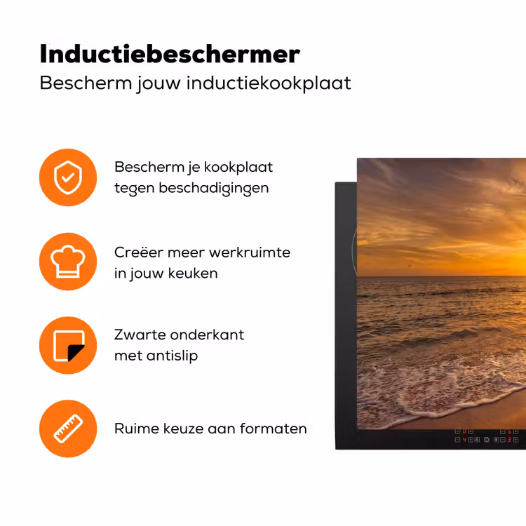 Zee - Zonsondergang - Golven - Kust - Oranje Inductie beschermer vinyl 3mm klein -zzzzzzz-td-ups