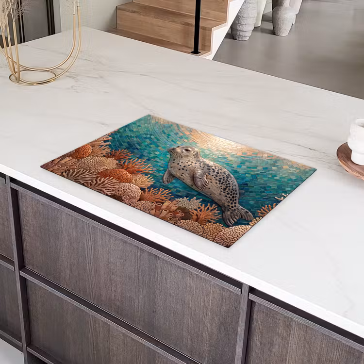 Zeehond - Mozaïek - Onderwater - Dieren - Blauw Inductie beschermer vinyl 3mm klein -sfeer8