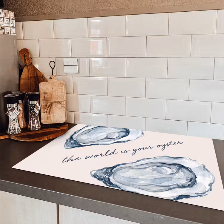 Zeeleven - Oester - Aquarel - Minimalistisch - Blauw Inductie beschermer vinyl 3mm klein -sfeer3