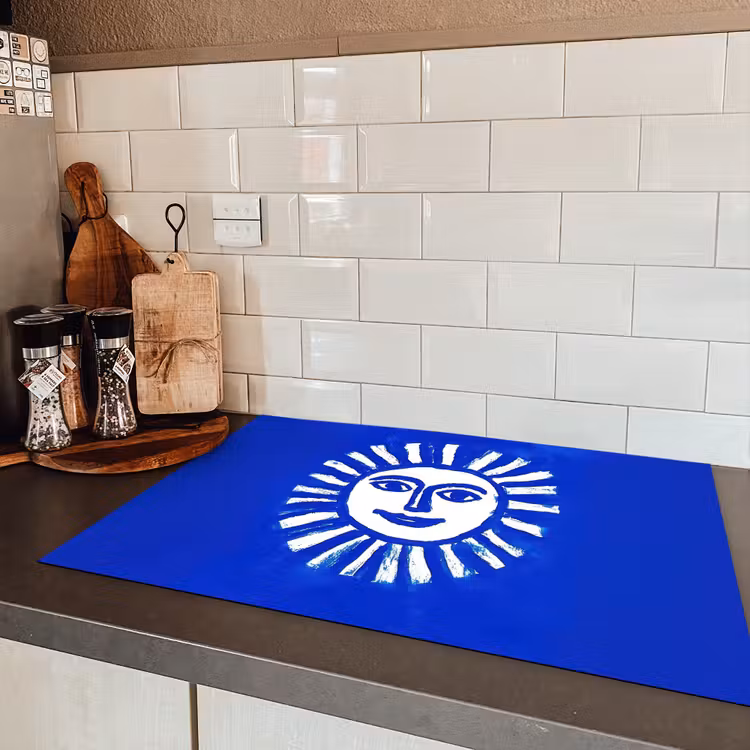 Zon - Gezicht - Penseelstructuur - Blauw Inductie beschermer vinyl 3mm klein -sfeer3