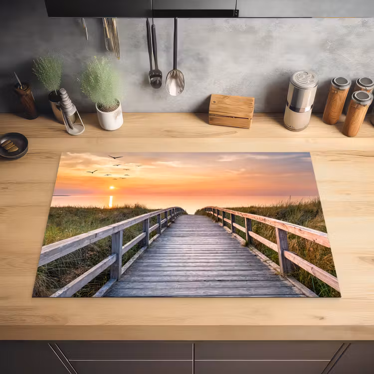 Zonsonderang - Zee - Pad - Gras - Duin - Vogels Inductie beschermer vinyl 3mm klein -sfeer5