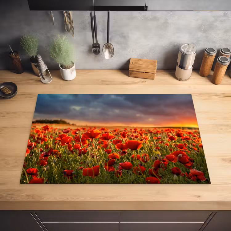 Zonsondergang - Klaprozen - Rood - Bloemen - Veld - Natuur Inductie beschermer vinyl 3mm klein -sfeer5