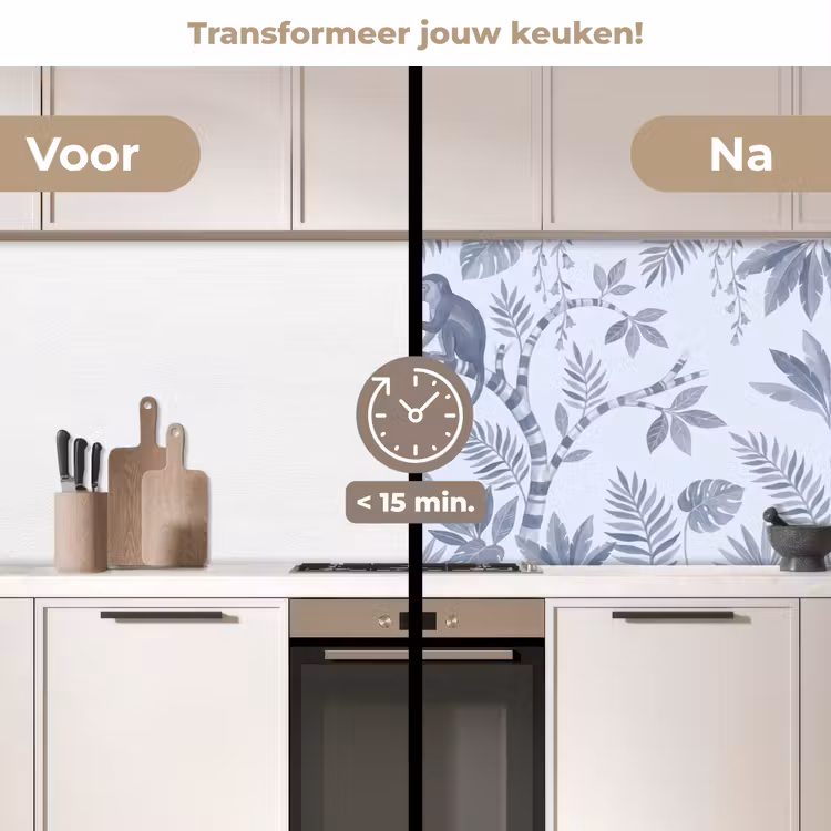 Aap - Boom - Bladeren - Jungle - Illustratie keuken achterwand 2 middel -voor-na2_NL