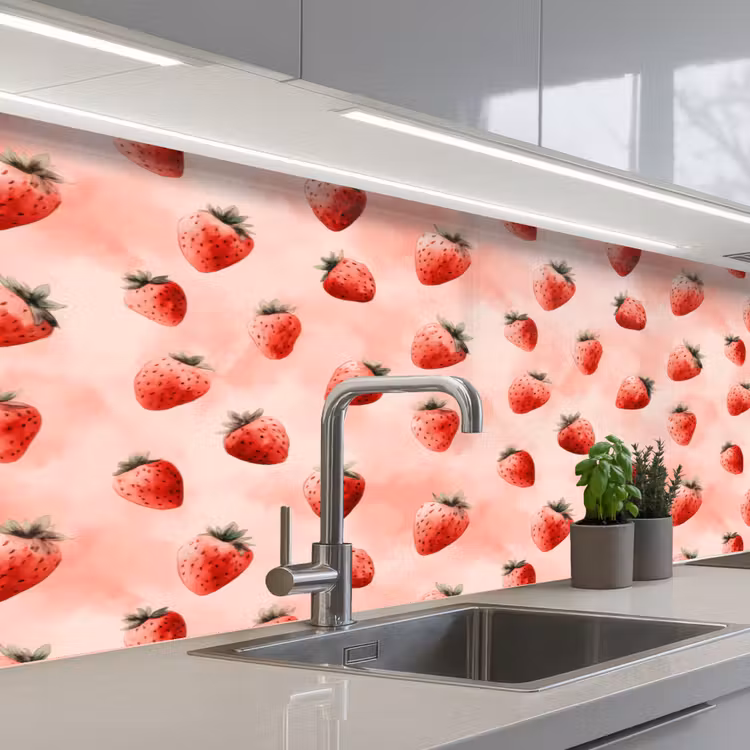 Aardbei - Patroon - Roze keuken achterwand 2 middel 871 -3d_schuin