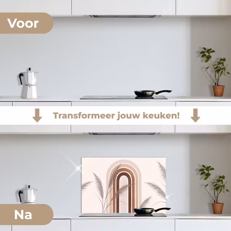 Abstract - Bogen - Plant - Boho - Beige keuken achterwand spatscherm klein -voor_na_NL