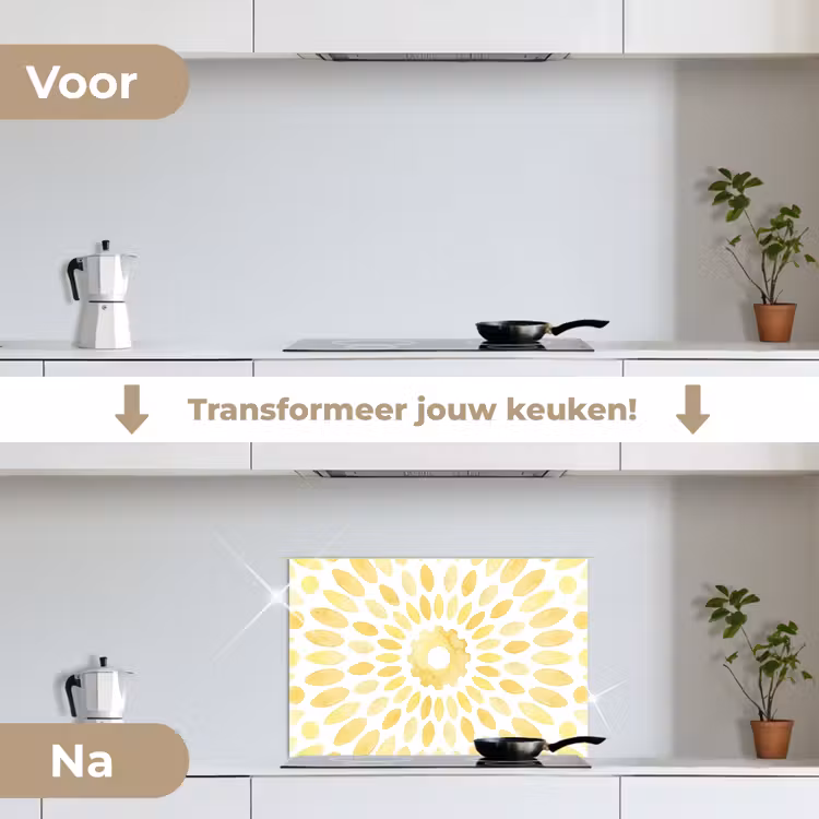 Abstract - Geometrisch - Stralend - Geel keuken achterwand spatscherm klein -voor_na_NL