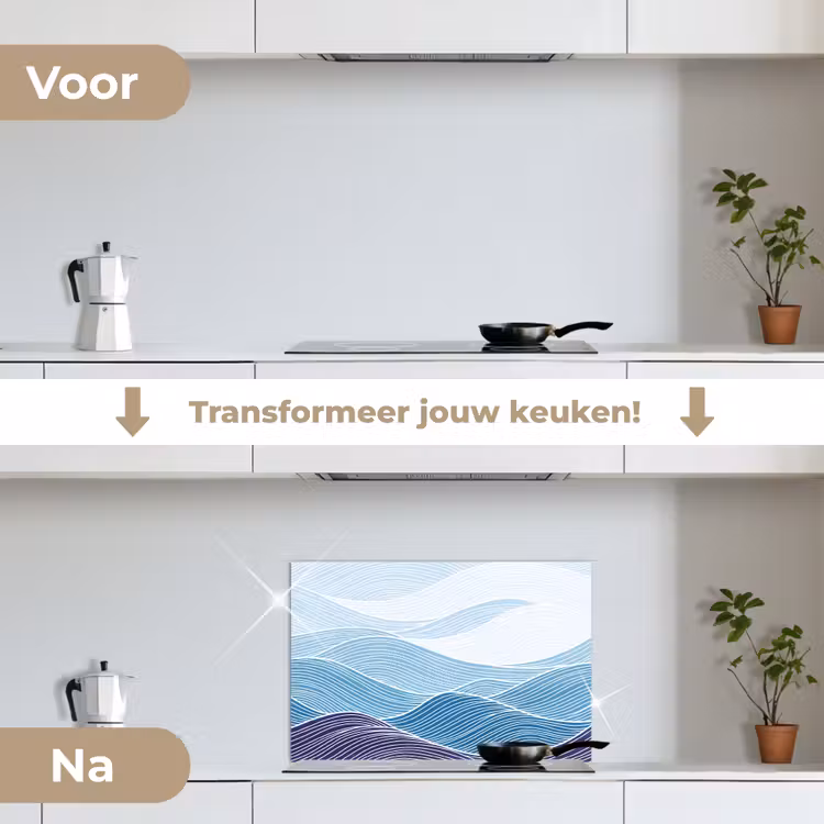 Abstract - Golven - Patroon - Blauw - Modern keuken achterwand spatscherm klein -voor_na_NL