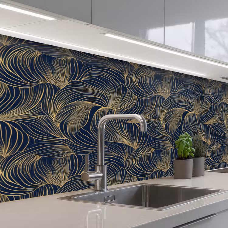 Abstract - Lijnen - Blauw - Goud keuken achterwand 2 middel 871 -3d_schuin