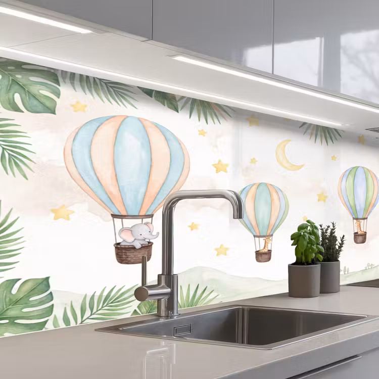 Aquarel - Luchtballonnen - Pastel keuken achterwand 2 middel -3d_schuin