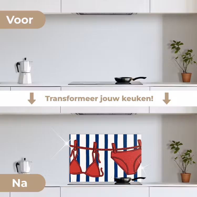Badkleding - Waslijn - Zomer - Illustratie - Rood keuken achterwand spatscherm klein -voor_na_NL