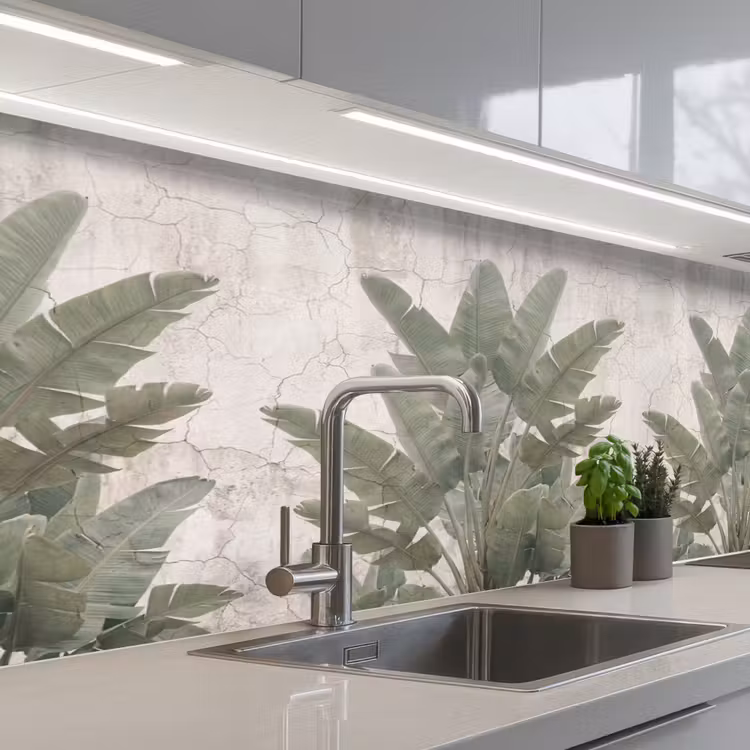 Bananenbladeren - Beton - Groen keuken achterwand 2 middel -3d_schuin