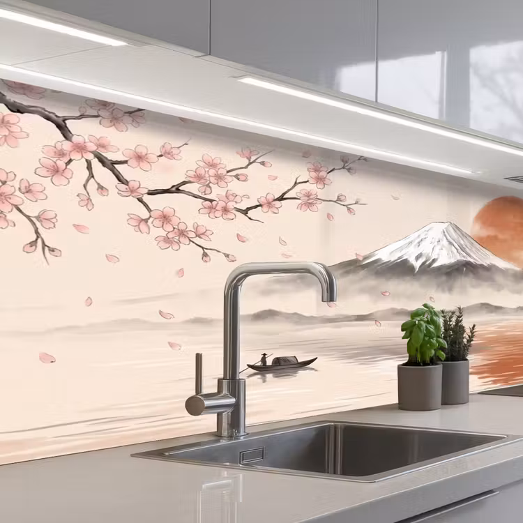 Bergtop - Meer - Bloesem keuken achterwand 2 middel -3d_schuin