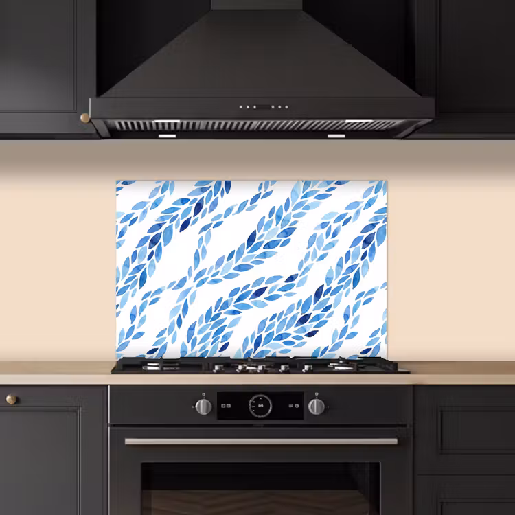 Bladeren - Aquarel - Patroon - Modern - Blauw keuken achterwand spatscherm klein -sfeer1