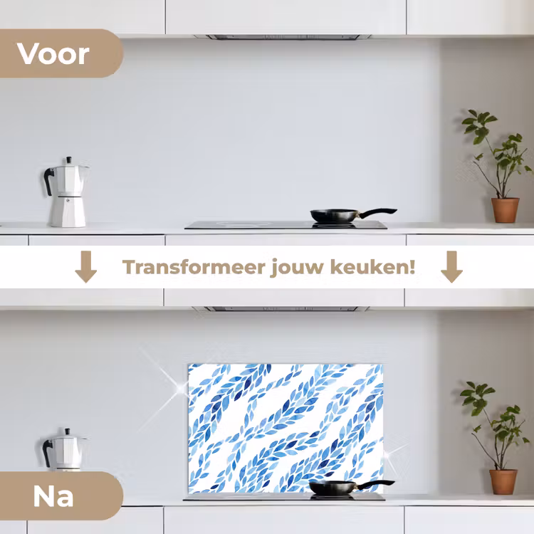Bladeren - Aquarel - Patroon - Modern - Blauw keuken achterwand spatscherm klein -voor_na_NL