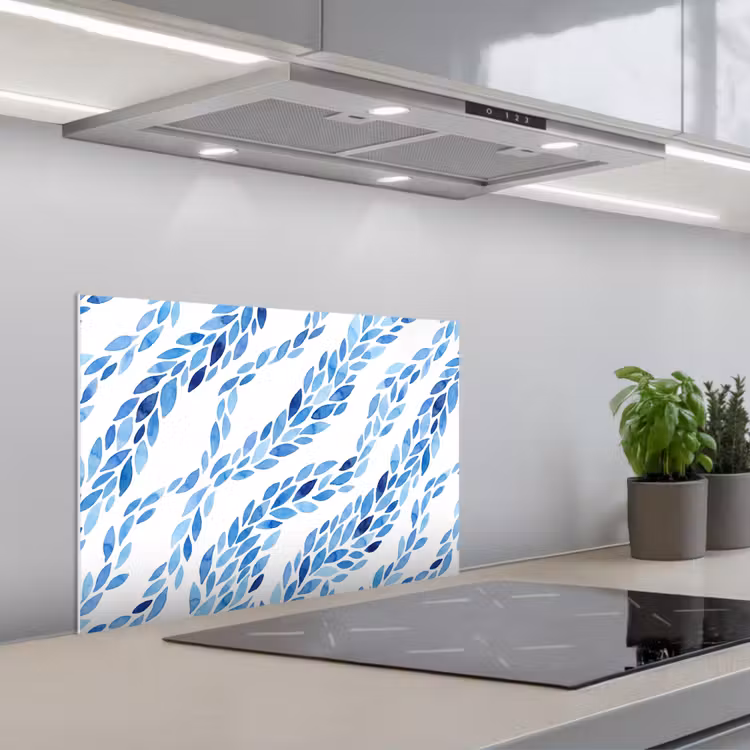 Bladeren - Aquarel - Patroon - Modern - Blauw keuken achterwand spatscherm klein -3d_schuin