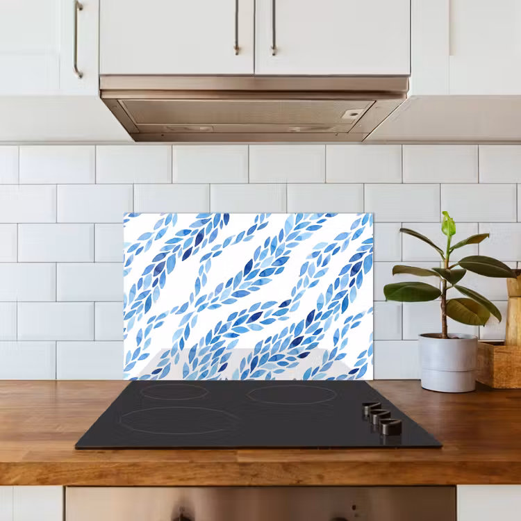 Bladeren - Aquarel - Patroon - Modern - Blauw keuken achterwand spatscherm klein -sfeer2