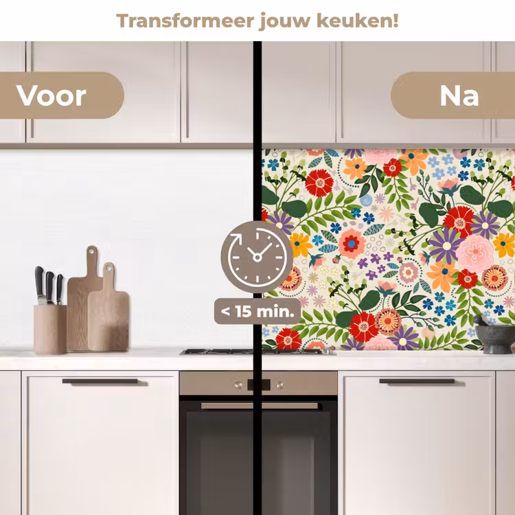 Bladeren - Bloemen - Design keuken achterwand 2 middel 871 -voor-na2_NL