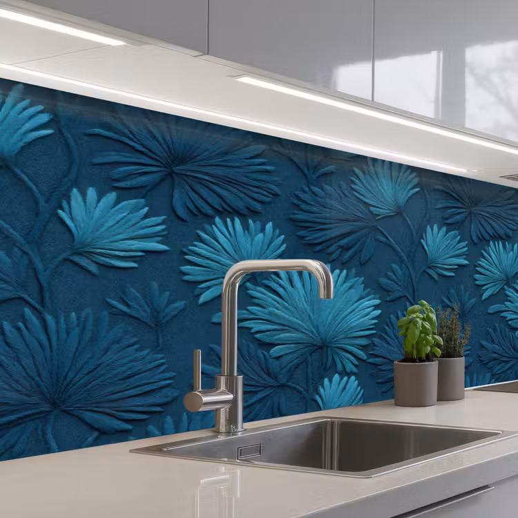 Bladeren - Reliëf - Patroon - Oceaanblauw - Modern keuken achterwand 2 middel 871 -3d_schuin
